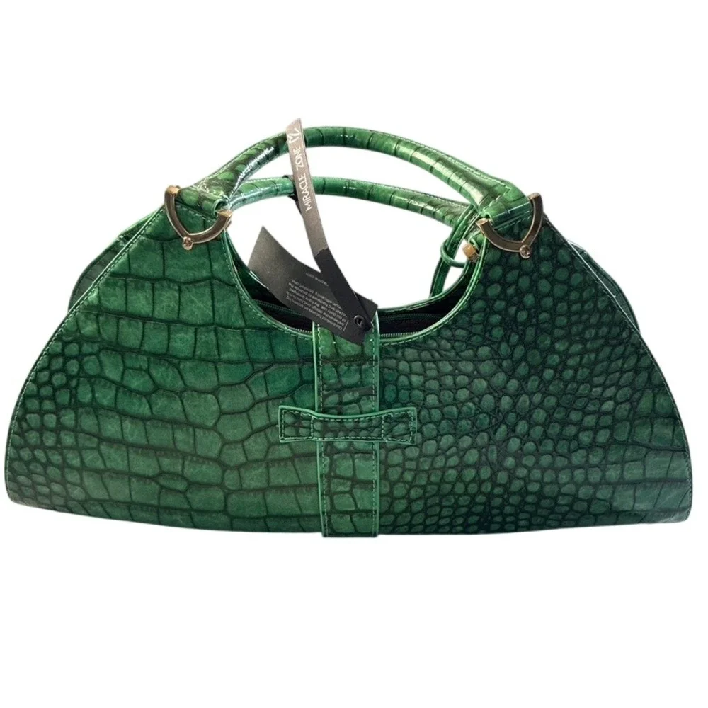 NEW Miracle Zone Green Croc Embossed Satchel Handbag Gold Hardware NJ0001 GN